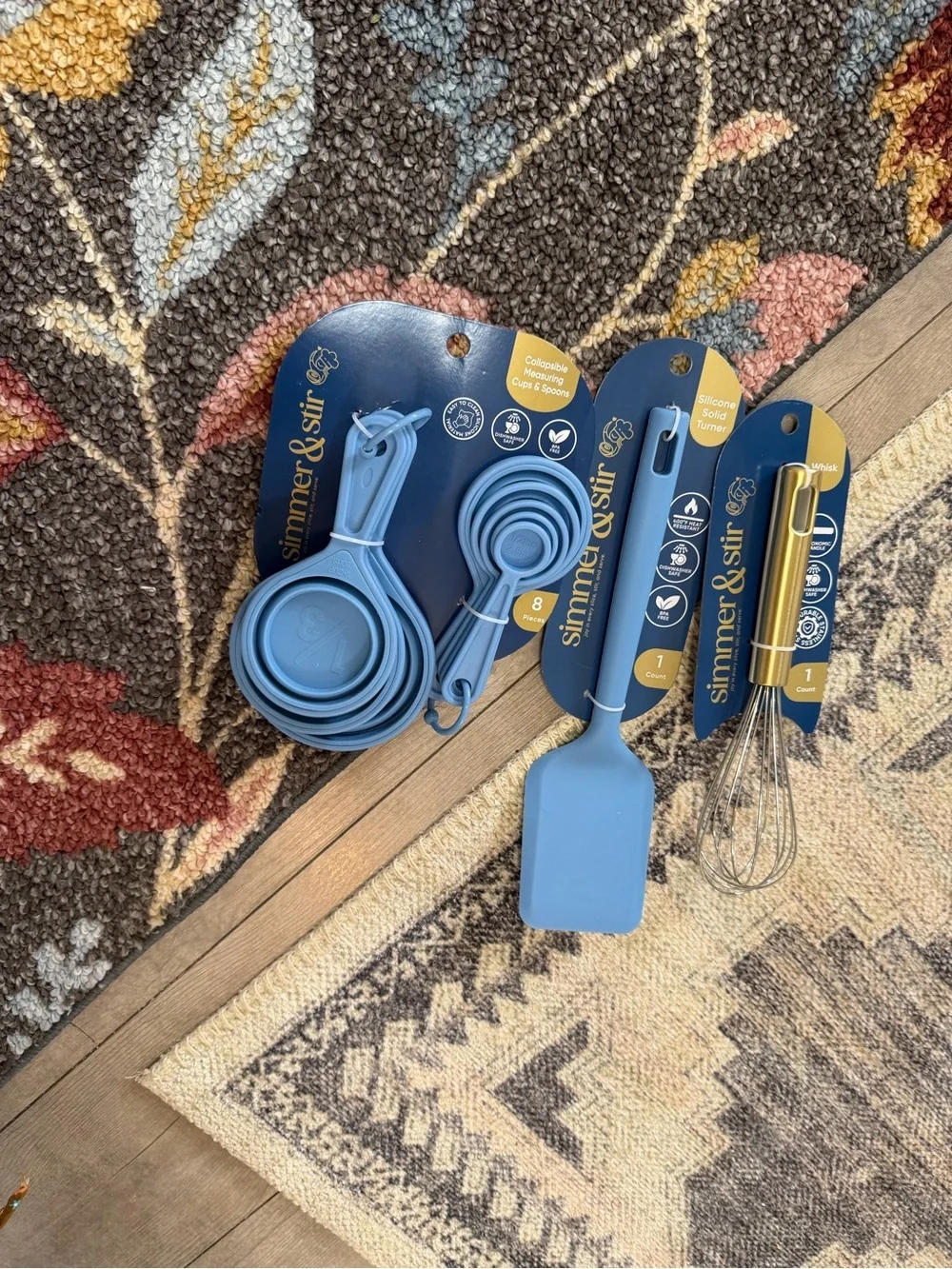 New Kitchen Essentials - Blue Silicone Measuring Cups, Spoons Whisk & Spatula